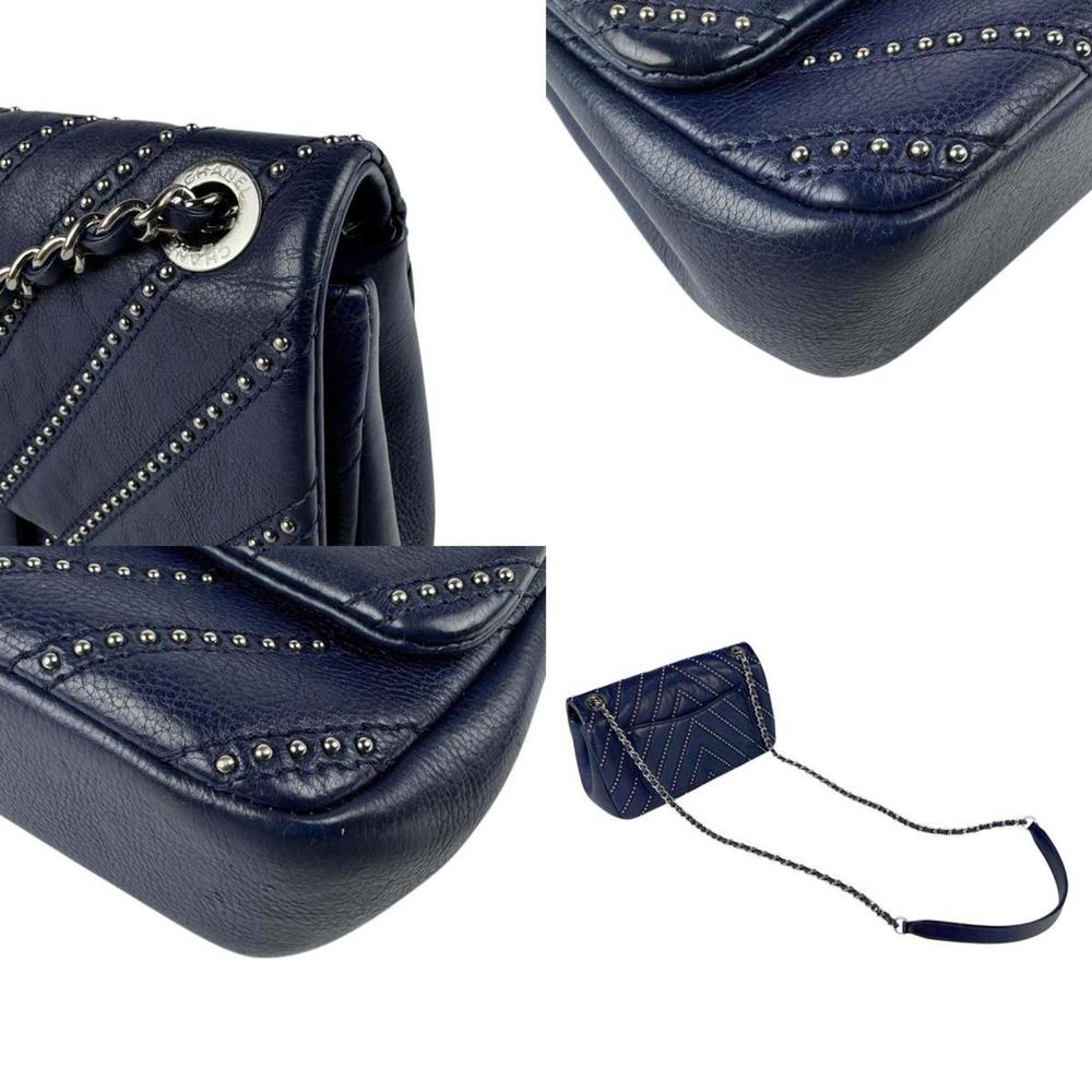 CHANEL Shoulder Bag V-Stitch Leather Metal Navy Silver Women's z5249 - Picture 4 of 5